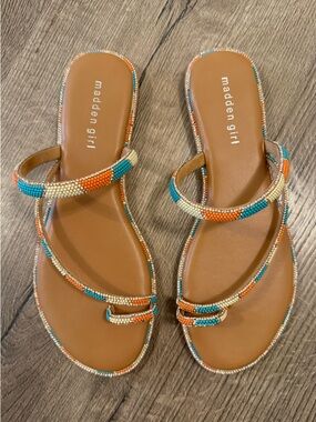 Madden Girl Tan Beaded Toe-Loop Sandals with Turquoise & Orange Accents